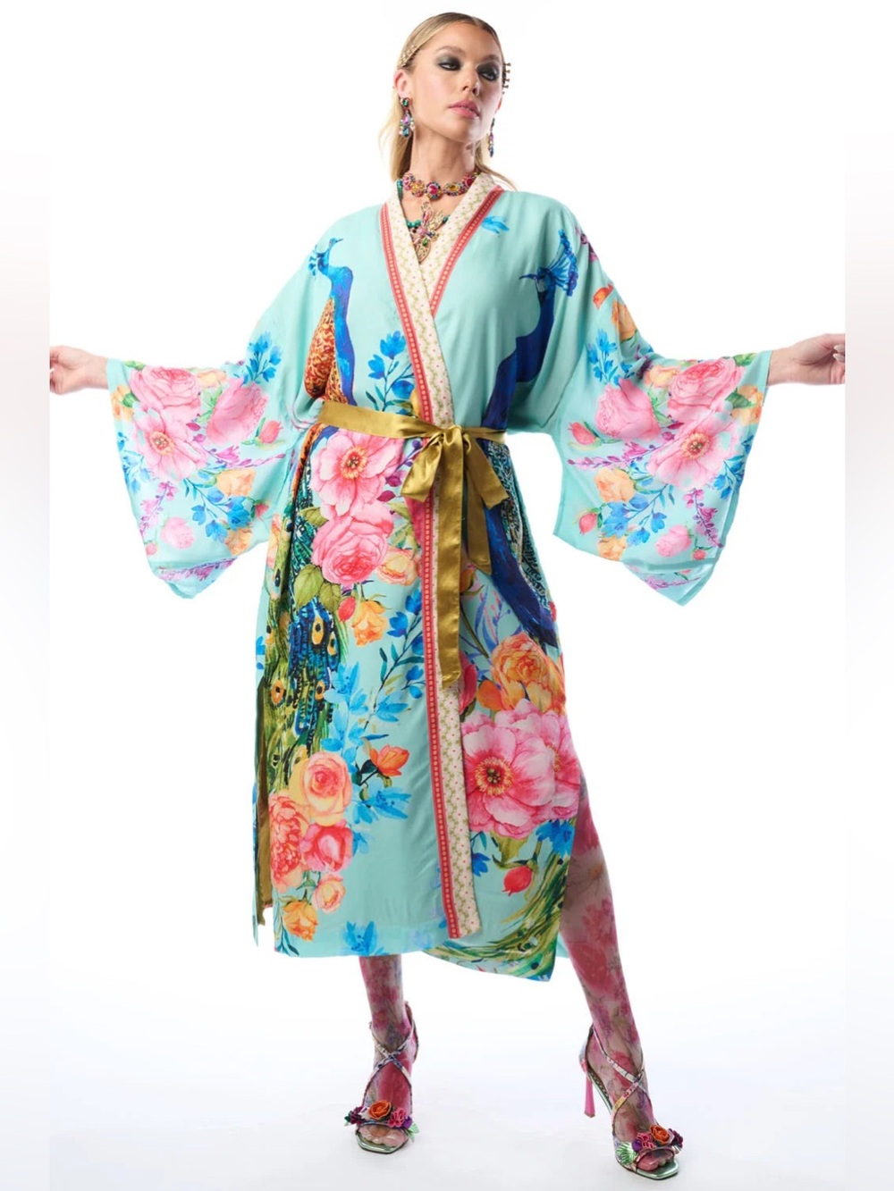 Blossom Fantasy Kimono-I Floral Peacock Kimono Robe in Aqua ED26D624A